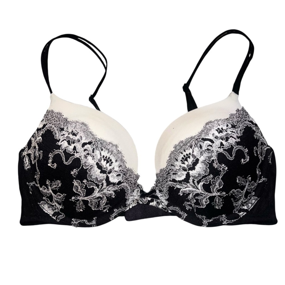EUC Victoria's Secret Very Sexy Plunge Black Metallic White Lace Push-Up Bra 36C